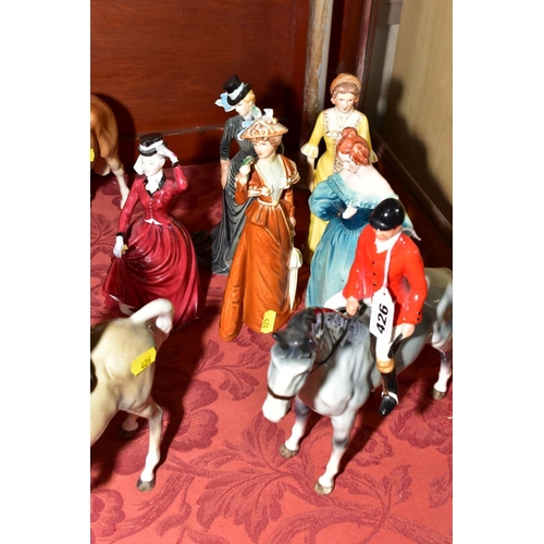 426 - A GROUP OF CERAMIC FIGURES, HORSES, etc to include a Huntsman and Huntswoman (no markings), tallest ... 