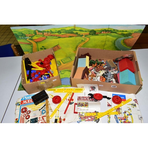 428 - A TIMPO TOYS MEADOW FARM PLAYSET, not complete but includes buildings, cardboard play mat (all with ... 