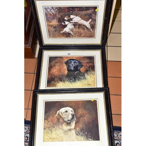 429 - TWO RICHARD BRITTON PRINTS OF LABRADORS, together with a print of Terriers, indistinct signature, al... 