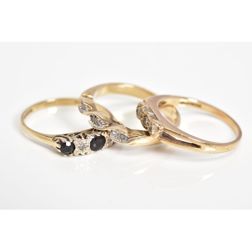 43 - THREE 9CT GOLD RINGS, the first a sapphire and diamond ring with scrolling gallery and a 9ct hallmar... 