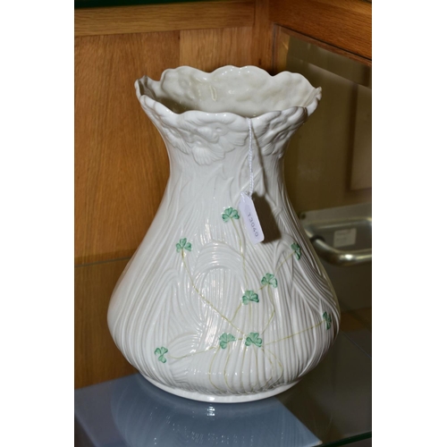 440 - A LARGE BELLEEK VASE, decorated with shamrock, foliage and flowers, blue factory mark to base, appro... 