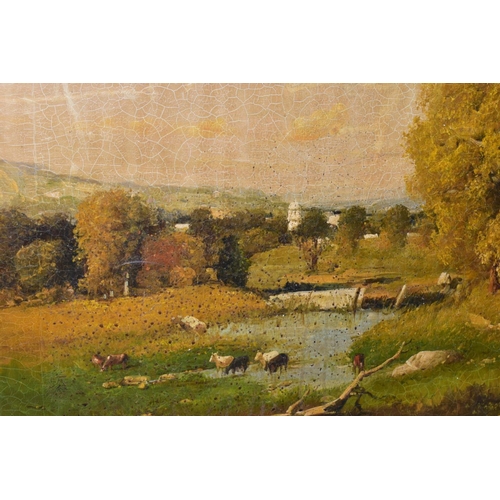 445 - A LATE 19TH CENTURY LANDSCAPE, oil on canvas, indistinctly signed, dated (18)91 bottom right, unfram... 