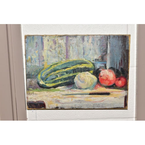 446 - AN EARLY 20TH CENTURY STILL LIFE STUDY OF A MARROW AND FRUIT, indistinctly signed bottom left, oil o... 