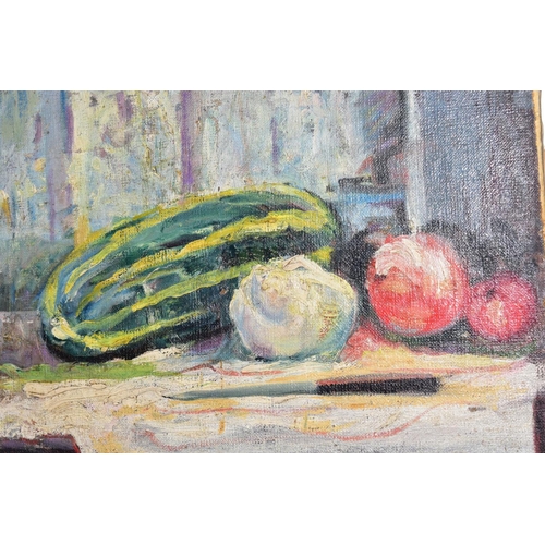 446 - AN EARLY 20TH CENTURY STILL LIFE STUDY OF A MARROW AND FRUIT, indistinctly signed bottom left, oil o... 