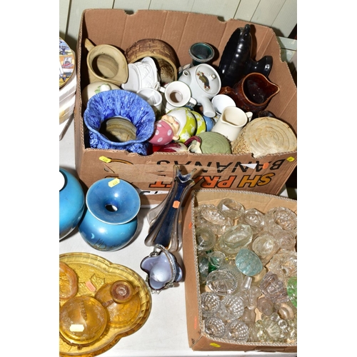 448 - FOUR BOXES AND LOOSE CERAMICS AND GLASSWARE, to include a garniture of Shelley vases, sailing boats ... 