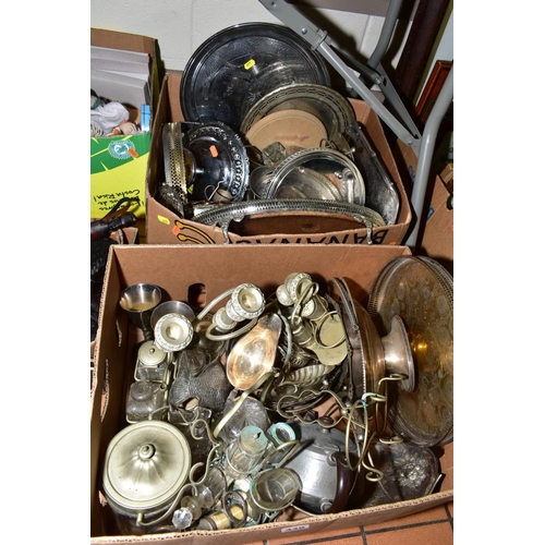 449 - TWO BOXES OF PLATED WARES, STAINLESS STEEL, etc, to include baskets, cruet stands (some glass bottle... 