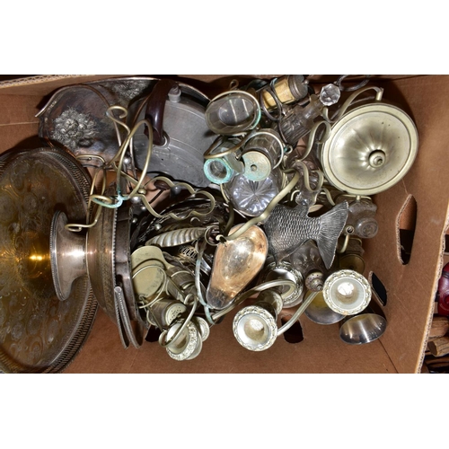 449 - TWO BOXES OF PLATED WARES, STAINLESS STEEL, etc, to include baskets, cruet stands (some glass bottle... 