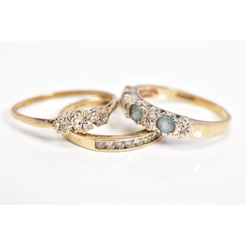 45 - THREE 9CT GOLD GEM SET RINGS, the first a three stone single cut diamond ring within an illusion set... 