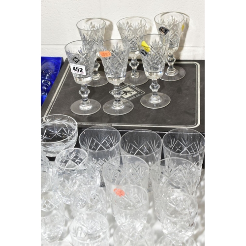 452 - A COLLECTION OF VARIOUS CUT GLASSES, to include twelve Babycham glasses, boxed set of six Edinburgh ... 