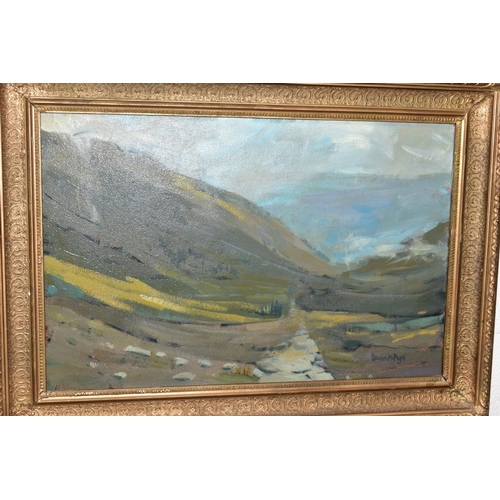 454 - IEUAN MEIRION PUGH (WALES 1939), a Welsh Valley landscape, signed bottom right, oil on canvas, frame... 