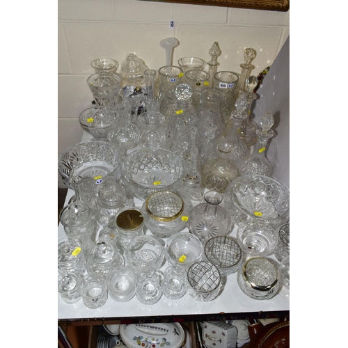 455 - A QUANTITY OF CUT GLASS VASES, BOWLS, DECANTERS, etc, to include Tutbury Crystal, etc