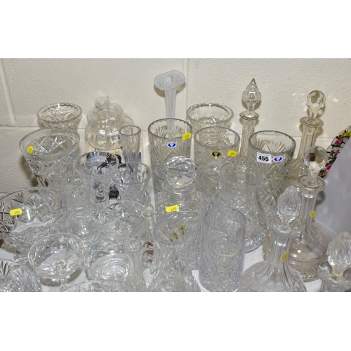 455 - A QUANTITY OF CUT GLASS VASES, BOWLS, DECANTERS, etc, to include Tutbury Crystal, etc