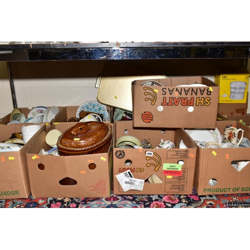 456 - TEN BOXES AND LOOSE KITCHEN RELATED ITEMS, NOVELTY PRESERVE POTS, etc, to include Moria Pottery game... 