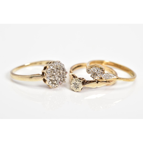 46 - THREE 9CT GOLD DIAMOND SET RINGS, to include a raised single cut diamond cluster ring, stamped diamo... 