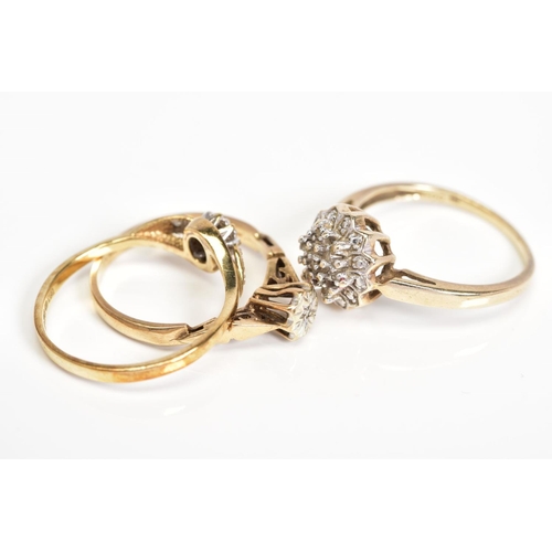 46 - THREE 9CT GOLD DIAMOND SET RINGS, to include a raised single cut diamond cluster ring, stamped diamo... 