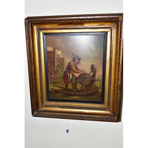 460 - TWO 19TH CENTURY DUTCH STYLE OILS, the first depicts a male figure sharpening a knife, unsigned, oil... 