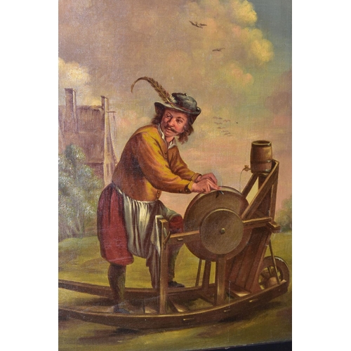 460 - TWO 19TH CENTURY DUTCH STYLE OILS, the first depicts a male figure sharpening a knife, unsigned, oil... 