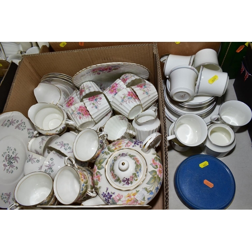 461 - SIX BOXES AND LOOSE TEAWARES, etc, to include Moorcroft Pottery teapot stand, Royal Doulton 'Simplic... 