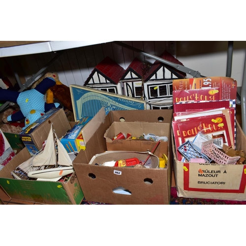 462 - FIVE BOXES AND LOOSE TOYS, DOLLS HOUSE, GAMES, SOFT TOYS, YACHTS, etc, to include 'Dolls House Step ... 