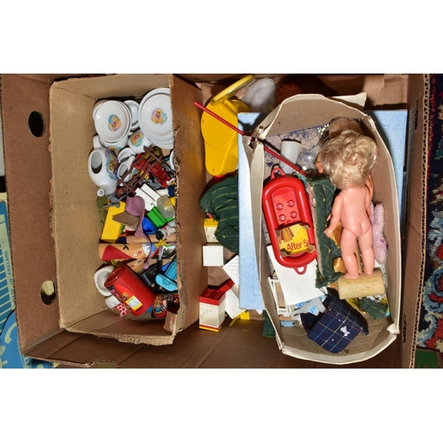 462 - FIVE BOXES AND LOOSE TOYS, DOLLS HOUSE, GAMES, SOFT TOYS, YACHTS, etc, to include 'Dolls House Step ... 