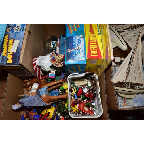 462 - FIVE BOXES AND LOOSE TOYS, DOLLS HOUSE, GAMES, SOFT TOYS, YACHTS, etc, to include 'Dolls House Step ... 