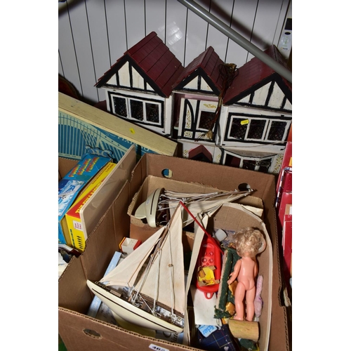 462 - FIVE BOXES AND LOOSE TOYS, DOLLS HOUSE, GAMES, SOFT TOYS, YACHTS, etc, to include 'Dolls House Step ... 