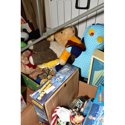 462 - FIVE BOXES AND LOOSE TOYS, DOLLS HOUSE, GAMES, SOFT TOYS, YACHTS, etc, to include 'Dolls House Step ... 