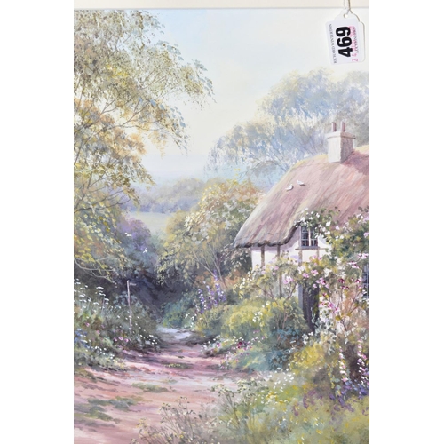 469 - HILARY SCOFFIELD (BRITISH 1958), a white thatched cottage beside a rural lane with wild flowers, sig... 