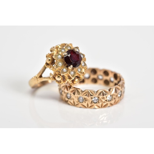 47 - TWO 9CT GOLD GEM SET RINGS, the first designed as a raised cluster set with a circular cut garnet wi... 