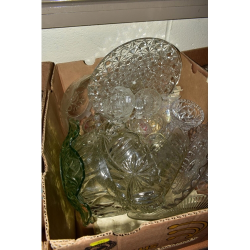 471 - ELEVEN BOXES OF PRESSED GLASS, A BOXED PUNCH SET AND BOXED GLASSES, etc, to include cake stands, vas... 