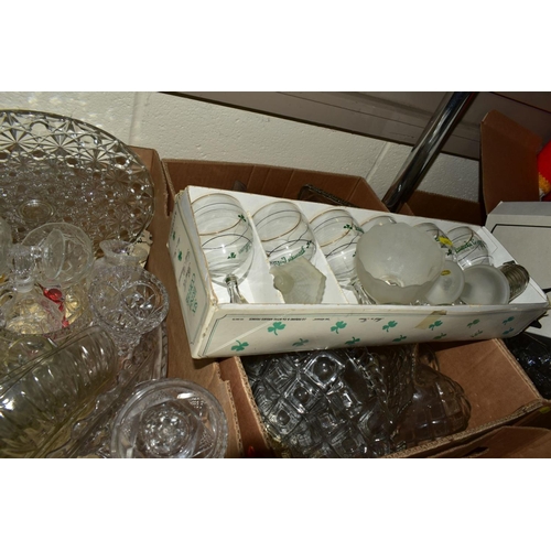 471 - ELEVEN BOXES OF PRESSED GLASS, A BOXED PUNCH SET AND BOXED GLASSES, etc, to include cake stands, vas... 