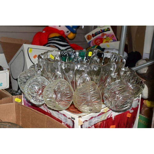 471 - ELEVEN BOXES OF PRESSED GLASS, A BOXED PUNCH SET AND BOXED GLASSES, etc, to include cake stands, vas... 