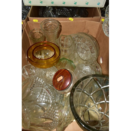 471 - ELEVEN BOXES OF PRESSED GLASS, A BOXED PUNCH SET AND BOXED GLASSES, etc, to include cake stands, vas... 