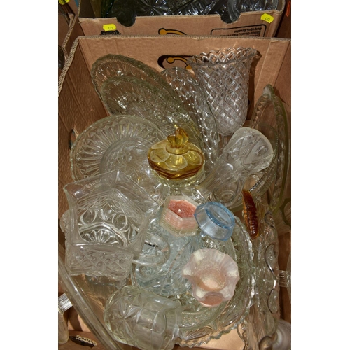 471 - ELEVEN BOXES OF PRESSED GLASS, A BOXED PUNCH SET AND BOXED GLASSES, etc, to include cake stands, vas... 