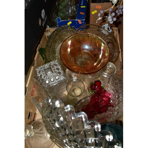 471 - ELEVEN BOXES OF PRESSED GLASS, A BOXED PUNCH SET AND BOXED GLASSES, etc, to include cake stands, vas... 