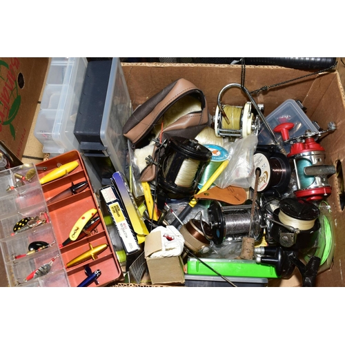 472 - FISHING TACKLE, a quantity of rods, spinning reels, lures, lines, net, etc, to include cane and fibr... 