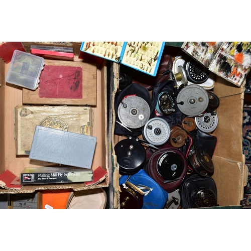 473 - FISHING TACKLE, three boxes of fly fishing reels and flies, including a well used Hardy Marquis #8/9... 