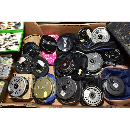 473 - FISHING TACKLE, three boxes of fly fishing reels and flies, including a well used Hardy Marquis #8/9... 