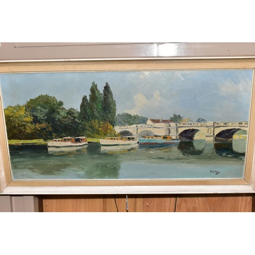 474 - MARCUS (20TH CENTURY), 'KINGSTON BRIDGE, RIVER THAMES', boats on the river, signed bottom right, oil... 