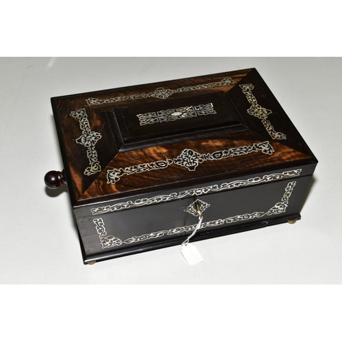 478 - A VICTORIAN COROMANDEL JEWELLERY BOX, with mother of pearl inlay twin handles, and blue plush tray f... 