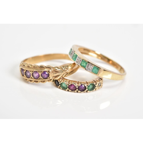 48 - THREE 9CT GOLD GEM SET RINGS, to include a gemstone set dearest ring, hallmark rubbed, ring size F, ... 