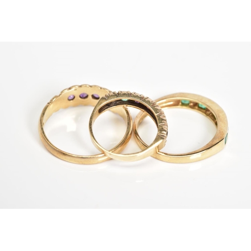 48 - THREE 9CT GOLD GEM SET RINGS, to include a gemstone set dearest ring, hallmark rubbed, ring size F, ... 