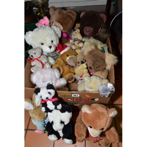 481 - A QUANTITY OF MODERN SOFT TOYS, assorted Bears, Pandas, Koalas, Peter Rabbit, etc