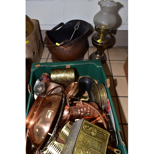 482 - THREE BOXES AND LOOSE COPPER AND BRASSWARES, etc, to include J.S & S Art Nouveau style copper jug, s... 