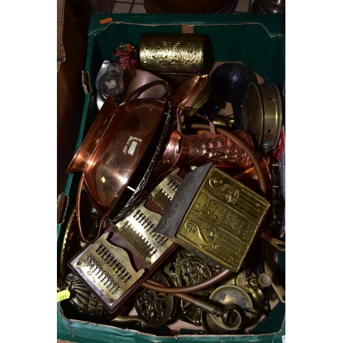 482 - THREE BOXES AND LOOSE COPPER AND BRASSWARES, etc, to include J.S & S Art Nouveau style copper jug, s... 