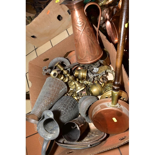 482 - THREE BOXES AND LOOSE COPPER AND BRASSWARES, etc, to include J.S & S Art Nouveau style copper jug, s... 