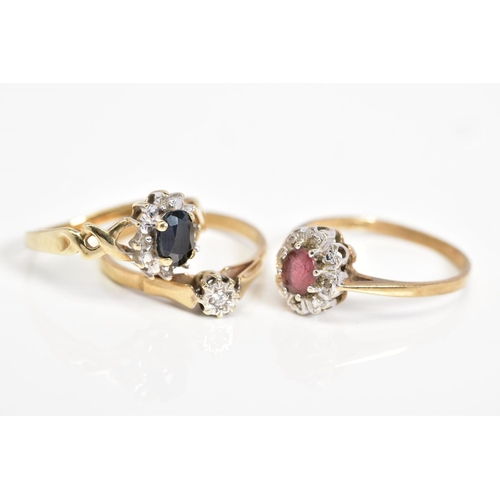 49 - THREE 9CT GOLD RINGS, to include an oval cut sapphire and single cut diamond detail surround, with o... 