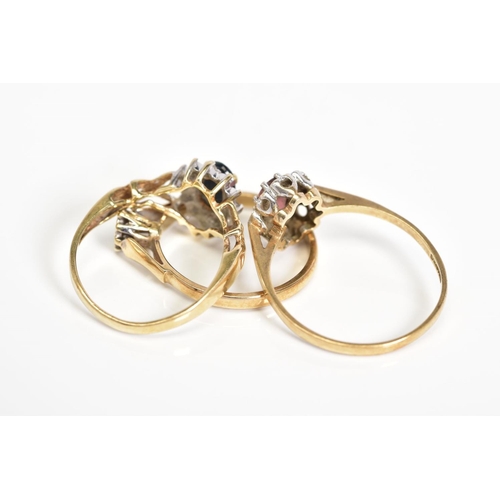 49 - THREE 9CT GOLD RINGS, to include an oval cut sapphire and single cut diamond detail surround, with o... 