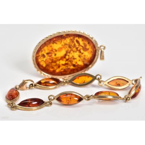 5 - A 9CT GOLD AMBER BRACELET AND PENDANT, the bracelet designed with eight lozenge shape amber links, t... 