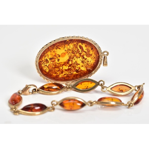 5 - A 9CT GOLD AMBER BRACELET AND PENDANT, the bracelet designed with eight lozenge shape amber links, t... 